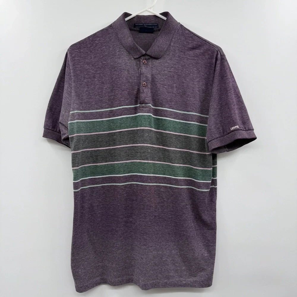 Vintage 80s Levi's Polo Shirt Mens L Purple Heather Striped Made in Korea